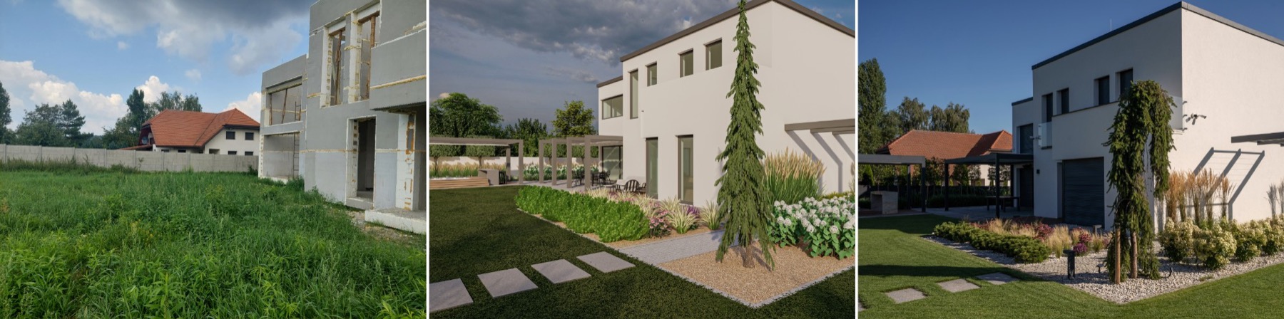 Ogród — stan przed realizacją, wizualizacja projektu i gotowy efekt